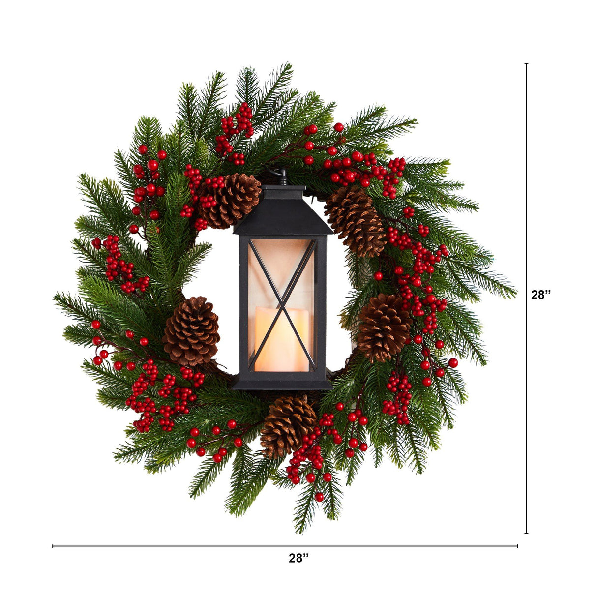 28” Berries and Pine Artificial Christmas Wreath with Lantern and Included LED Candle-Wreath-Parc Decor