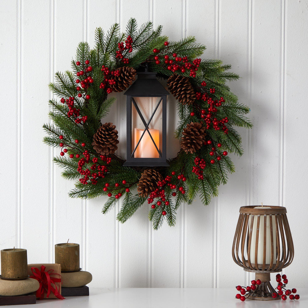 28” Berries and Pine Artificial Christmas Wreath with Lantern and Included LED Candle-Wreath-Parc Decor