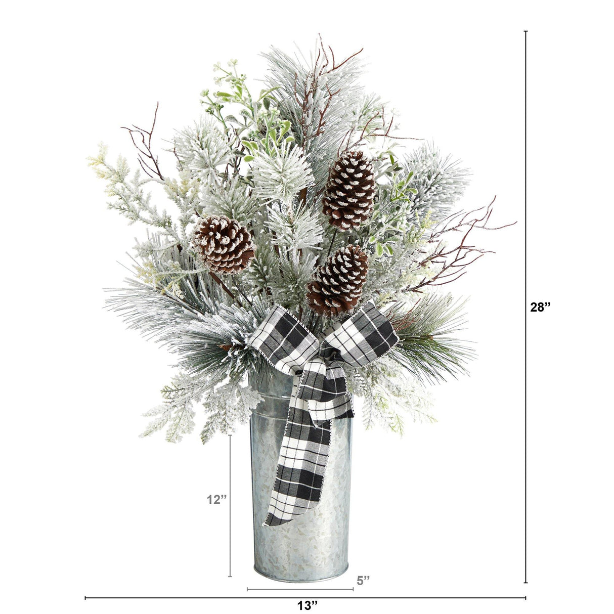 28” Frosted Greenery and Pinecone with Plaid Bow Artificial Christmas Arrangement in Decorative Tin-Candelabrum-Parc Decor