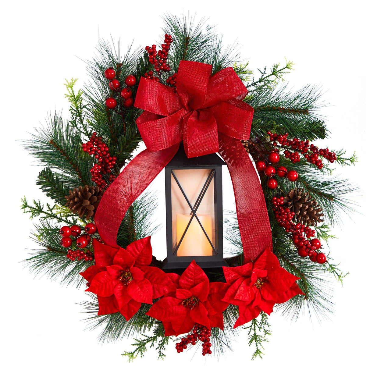 28” Poinsettia and Berry Holiday Lantern Christmas Wreath with LED Candle-Wreath-Parc Decor