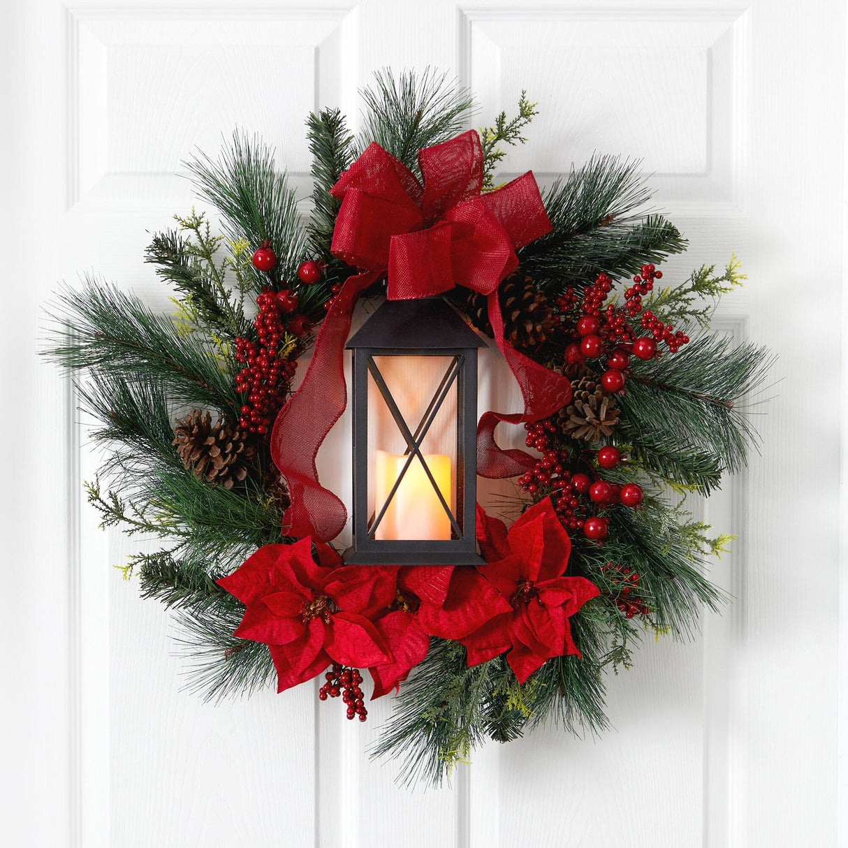 28” Poinsettia and Berry Holiday Lantern Christmas Wreath with LED Candle-Wreath-Parc Decor