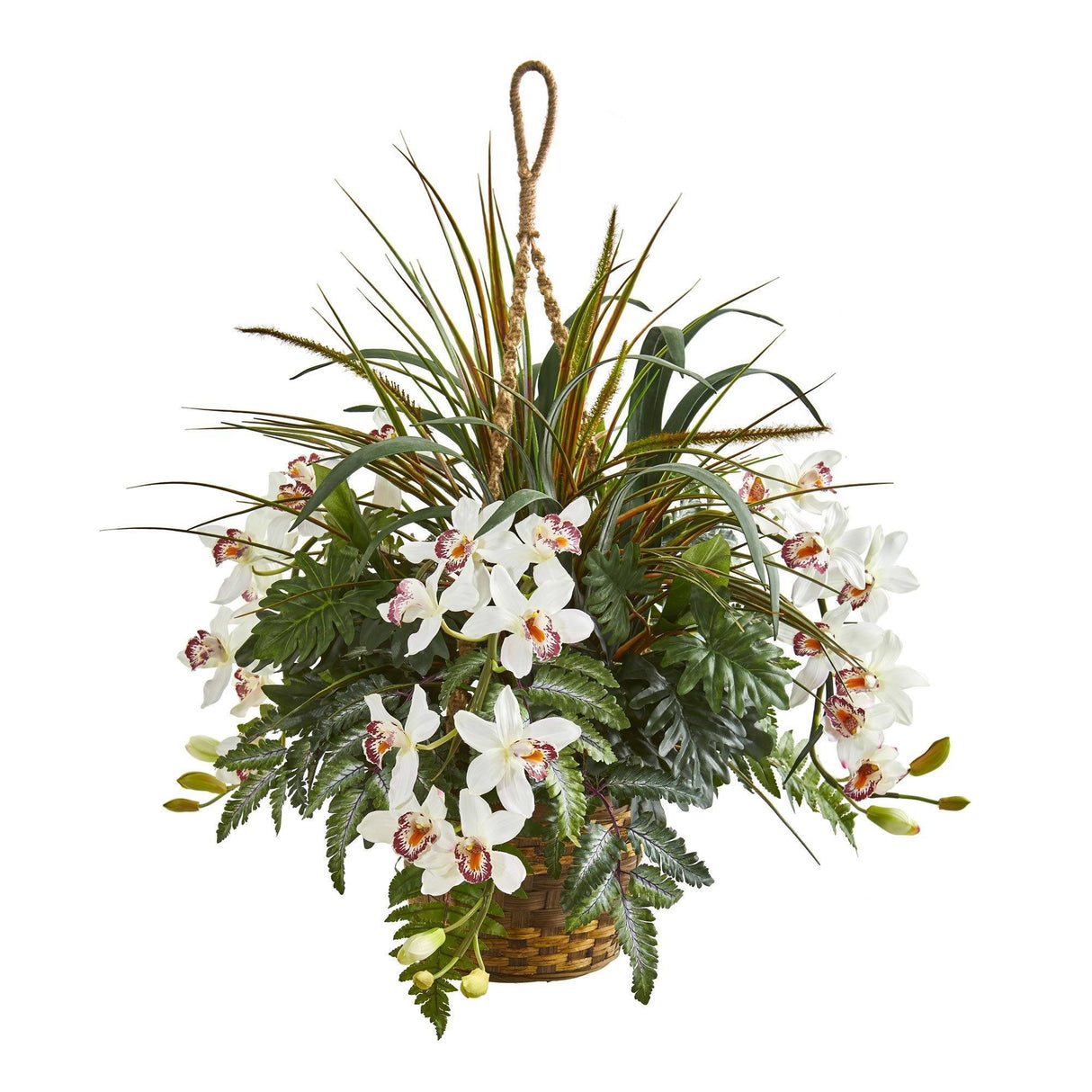 29” Cymbidium Orchid and Mixed Greens Artificial Plant Hanging Basket-Parc Decor