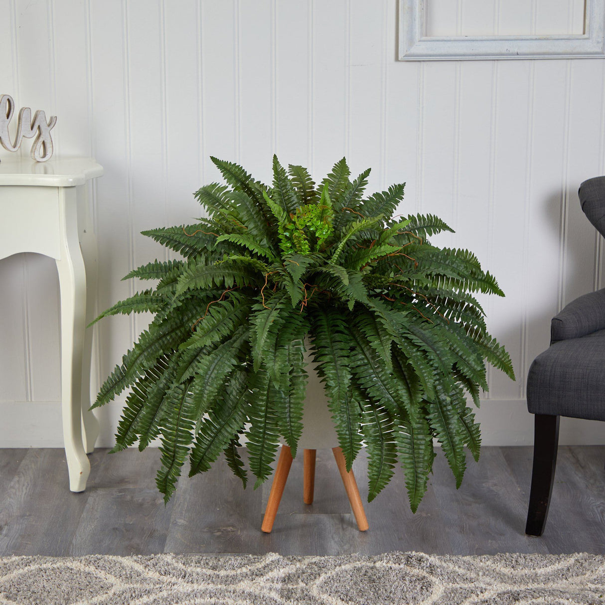 2.5’ Boston Fern Artificial Plant in White Planter with Legs-Parc Decor