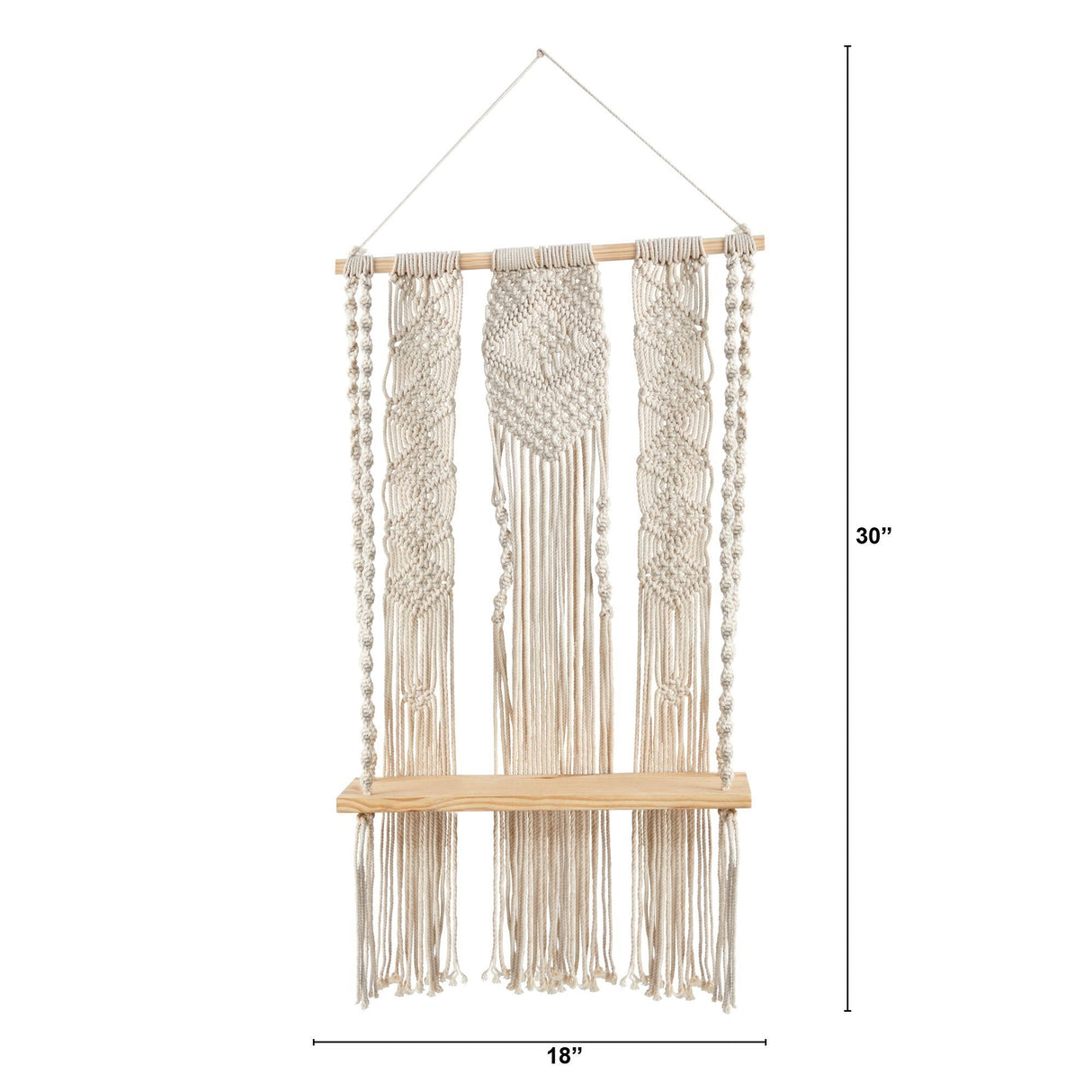 2.5’ x 1.5’ Layered Macrame Wall Hanging with Wooden Shelf-Wall Decor-Parc Decor