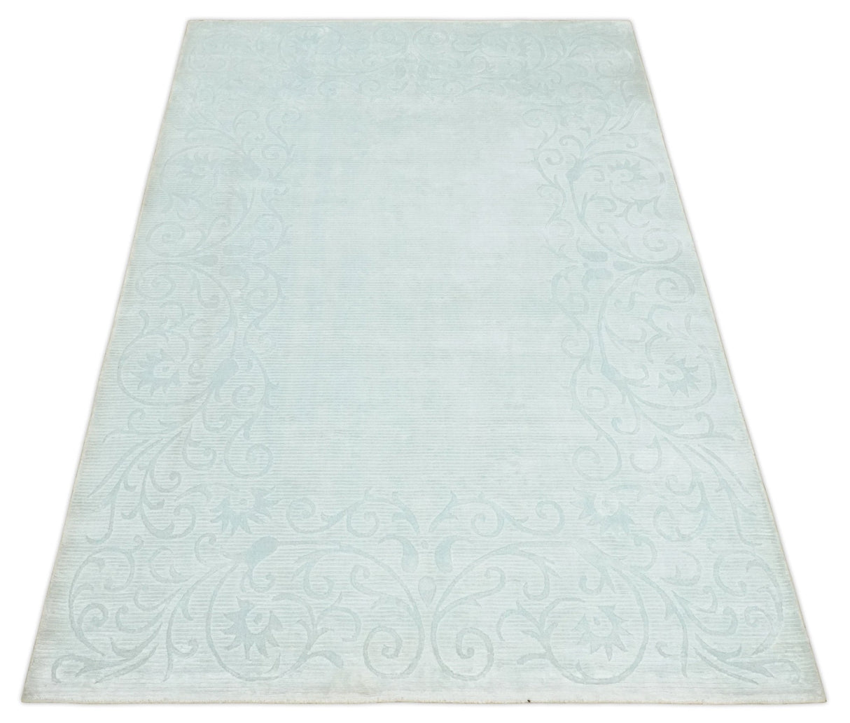 2.6x10 and 5x8 Hand Woven and Carved Silver and Gray Floral Art Silk Rug