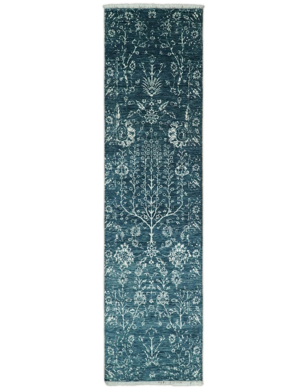 2.6x10 Fine Hand Knotted White and Blue Traditional Persian Style Antique Wool Rug