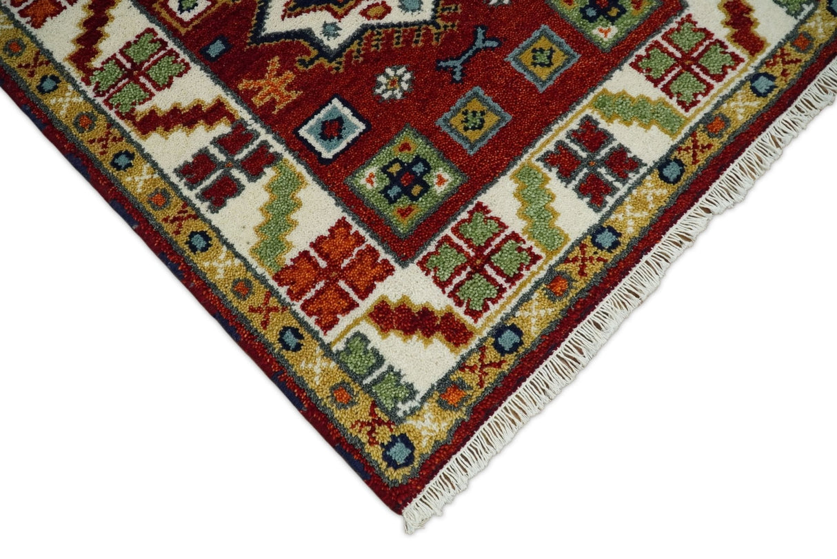 2.6x8 Hand Knotted Traditional Kazak Red And Ivory Wool Rug