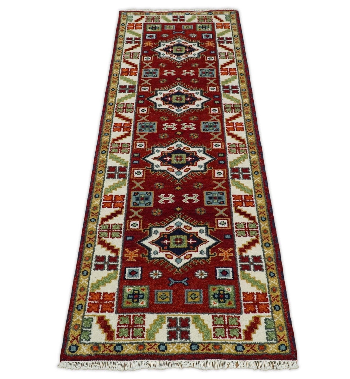 2.6x8 Hand Knotted Traditional Kazak Red And Ivory Wool Rug