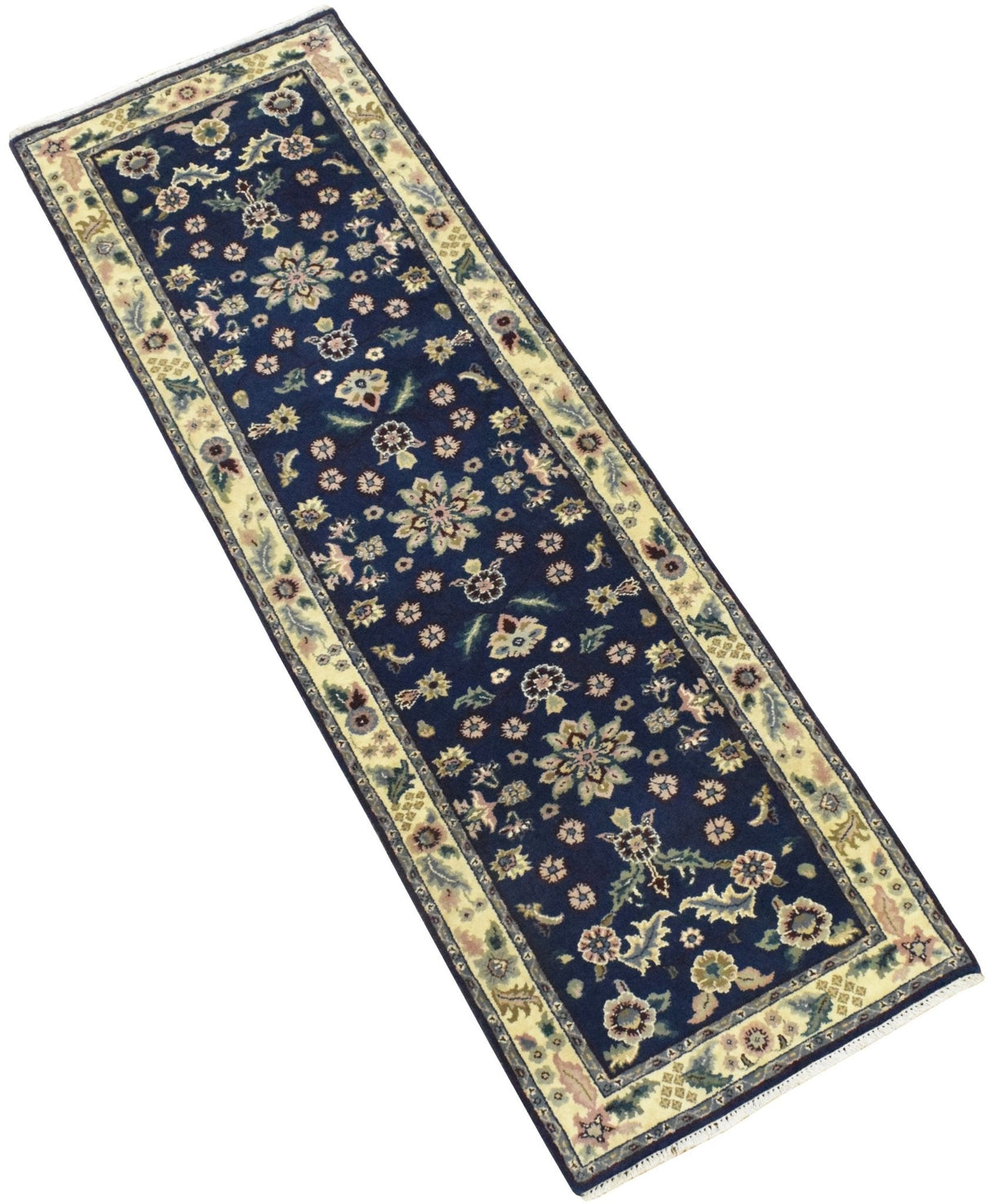 2.6x8 Traditional Blue and Beige Hand Knotted Wool Area Rug