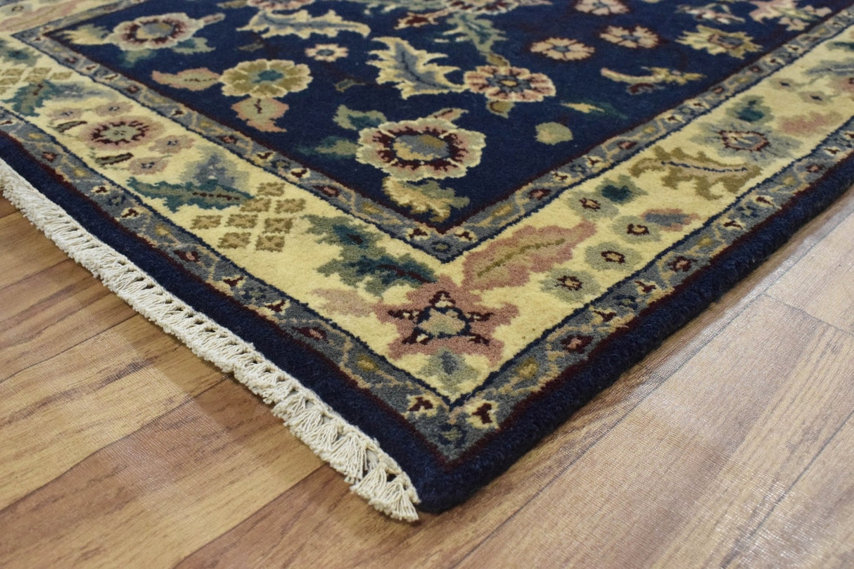 2.6x8 Traditional Blue and Beige Hand Knotted Wool Area Rug
