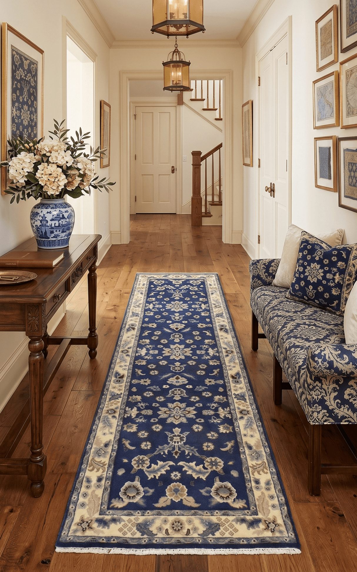 2.6x8 Traditional Blue and Beige Hand Knotted Wool Area Rug