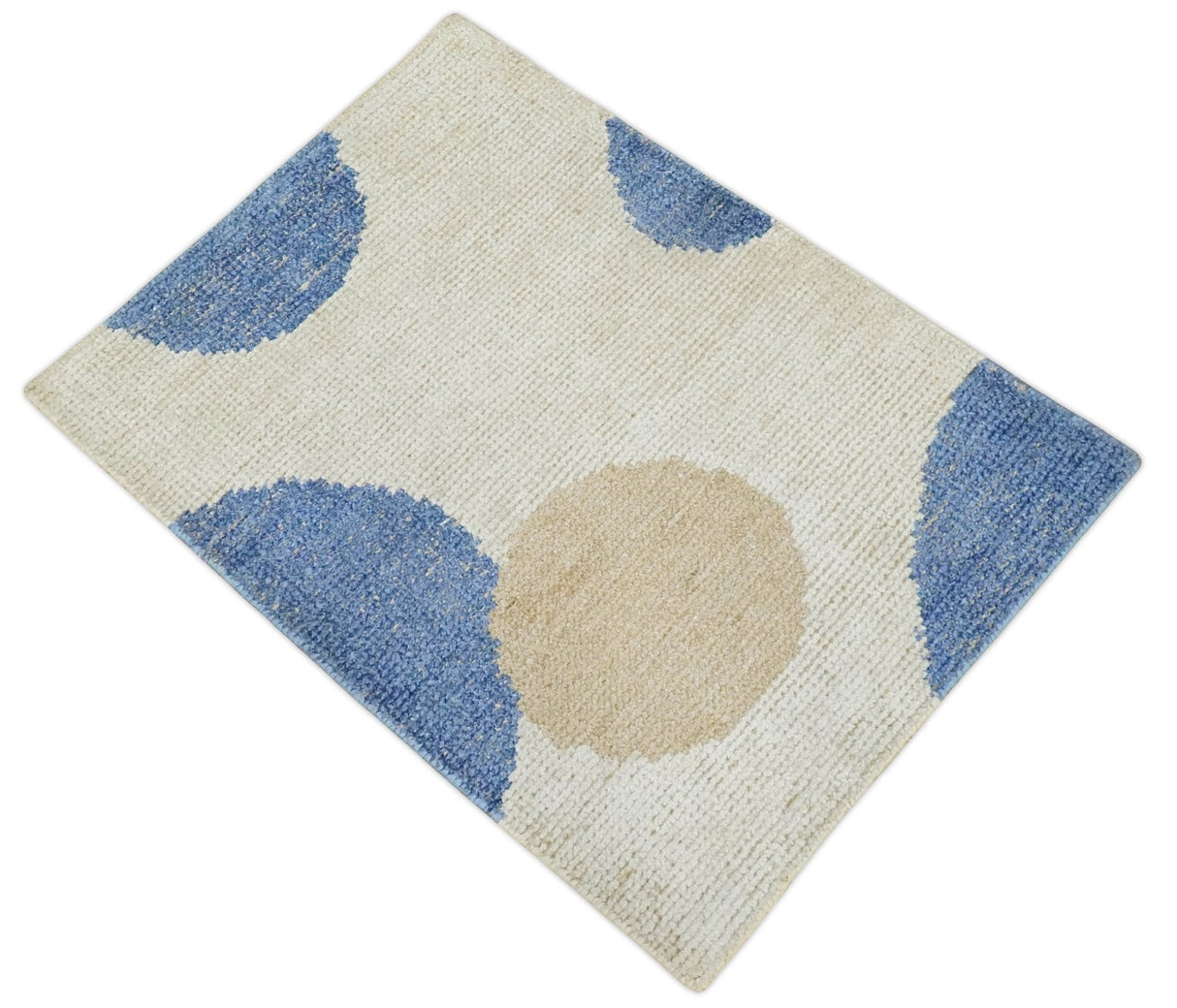 2x3 Beige and Blue Hand Knotted Modern Polka Dots Wool Rug