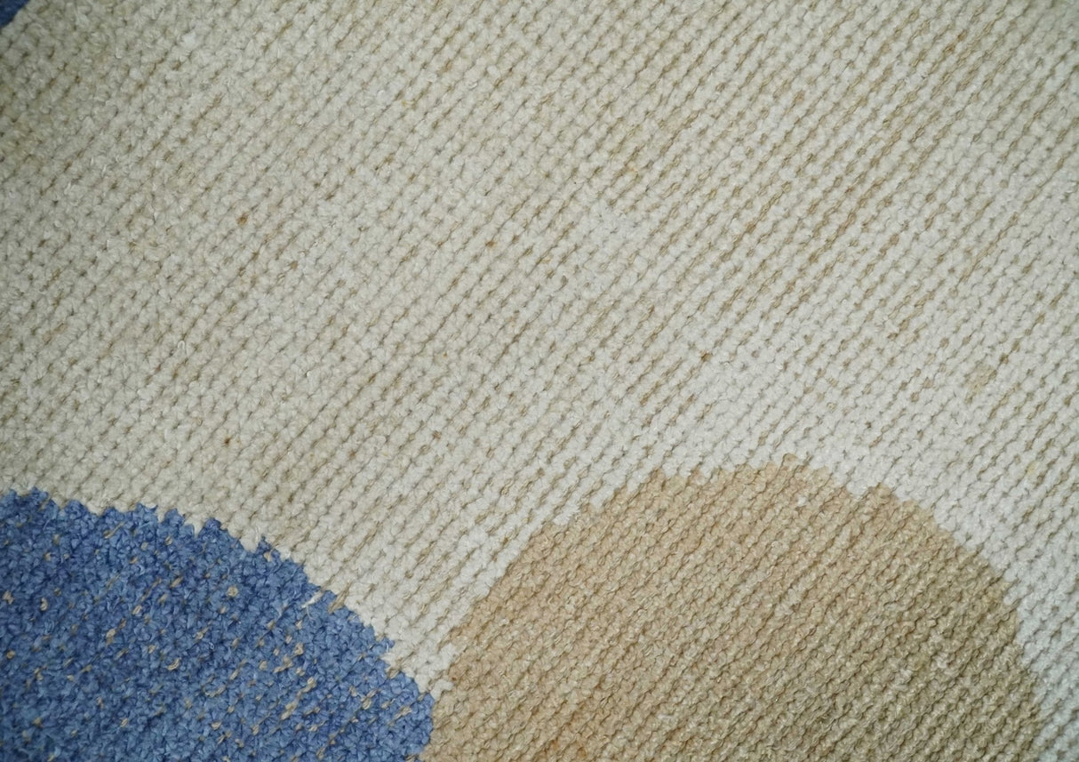 2x3 Beige and Blue Hand Knotted Modern Polka Dots Wool Rug