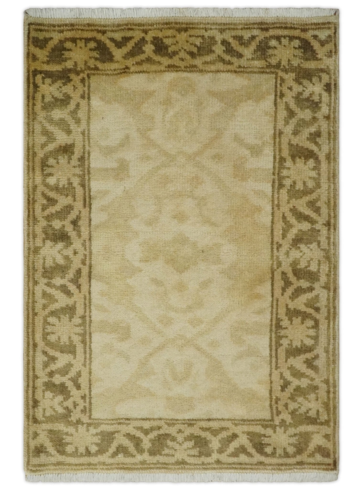 2x3 Hand Knotted Beige and Olive Traditional Oushak Wool Rug