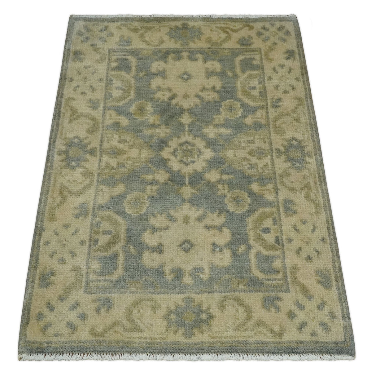 2x3 Hand Knotted Gray and Beige Traditional Oushak Wool Rug