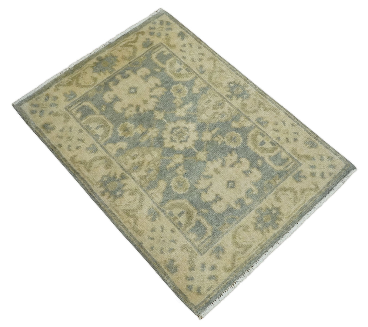 2x3 Hand Knotted Gray and Beige Traditional Oushak Wool Rug