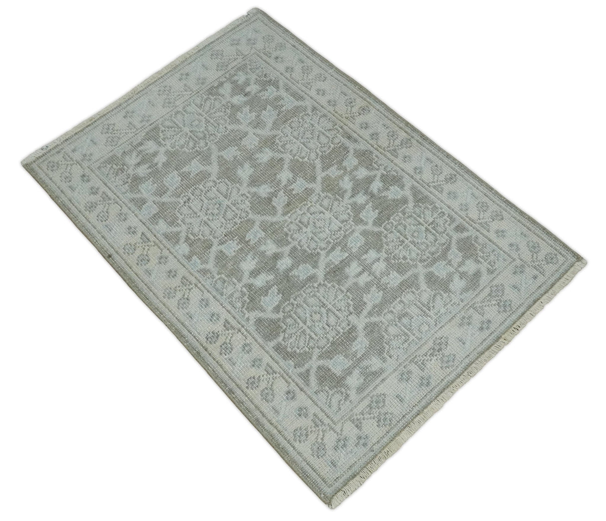 2x3 Hand Knotted Ivory and Gray Traditional Persian Wool Rug
