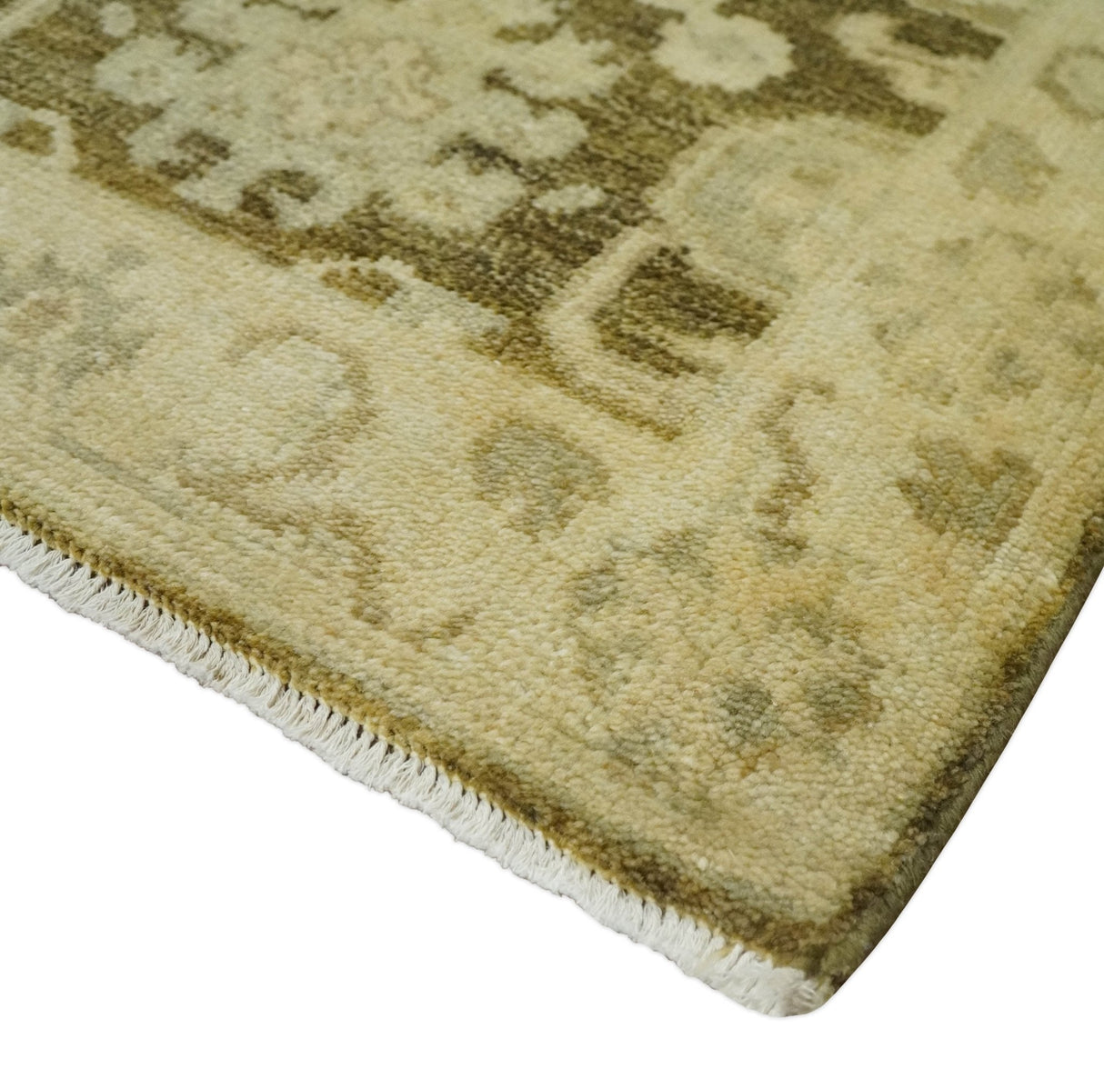2x3 Hand Knotted Olive And Beige Traditional Oushak Wool Rug