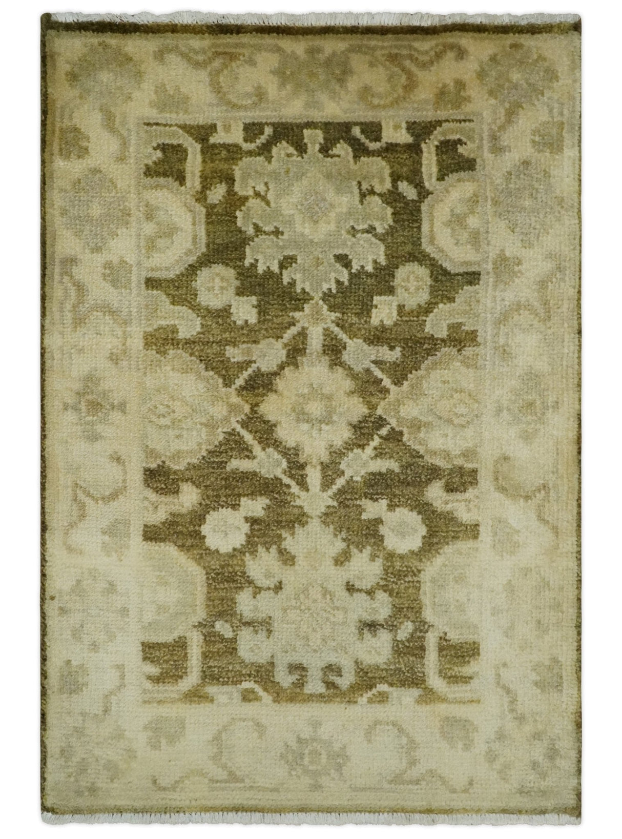 2x3 Hand Knotted Olive And Beige Traditional Oushak Wool Rug