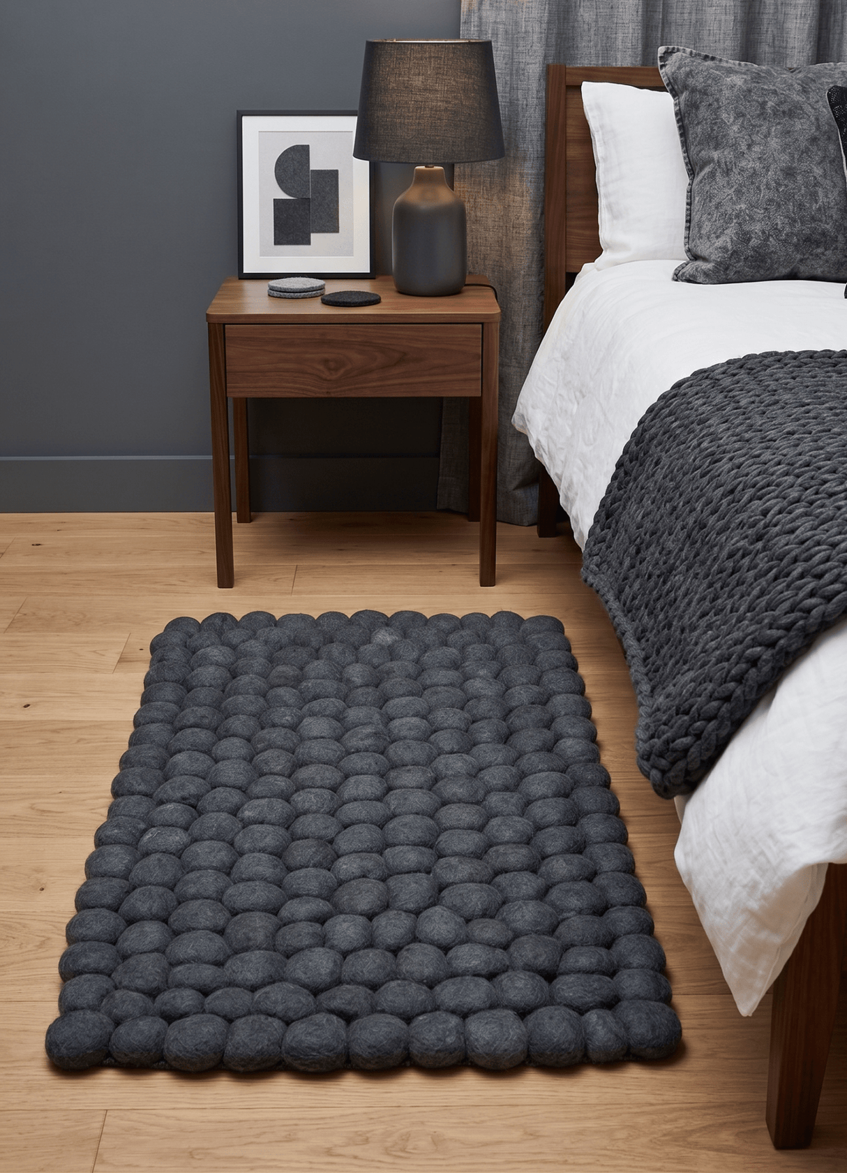 2x3 Handmade Felted Round Pebbles Gray Charcoal Wool Rug