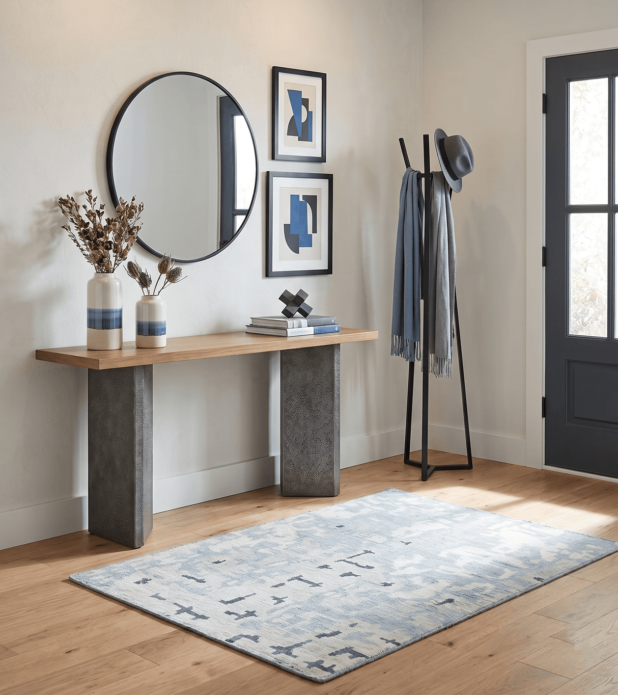 2x3 Modern Abstract Blue, Ivory and Charcoal Bamboo silk Rug