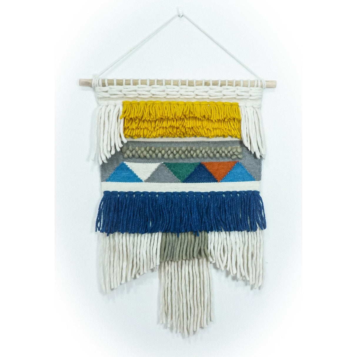 2x3 Wool Hand Woven Blue, White and Gold Boho Wall Hanging-Wall Hanging-Parc Decor