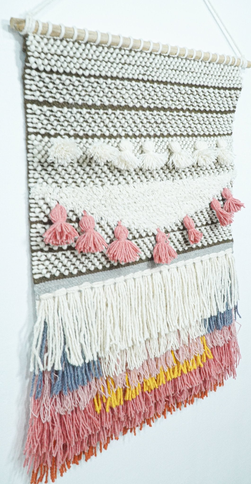 2x3 Wool Hand Woven Brown, White and Pink Boho Wall Hanging-Wall Hanging-Parc Decor