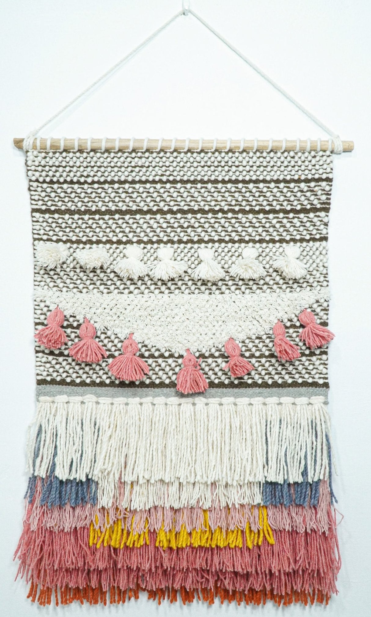 2x3 Wool Hand Woven Brown, White and Pink Boho Wall Hanging-Wall Hanging-Parc Decor