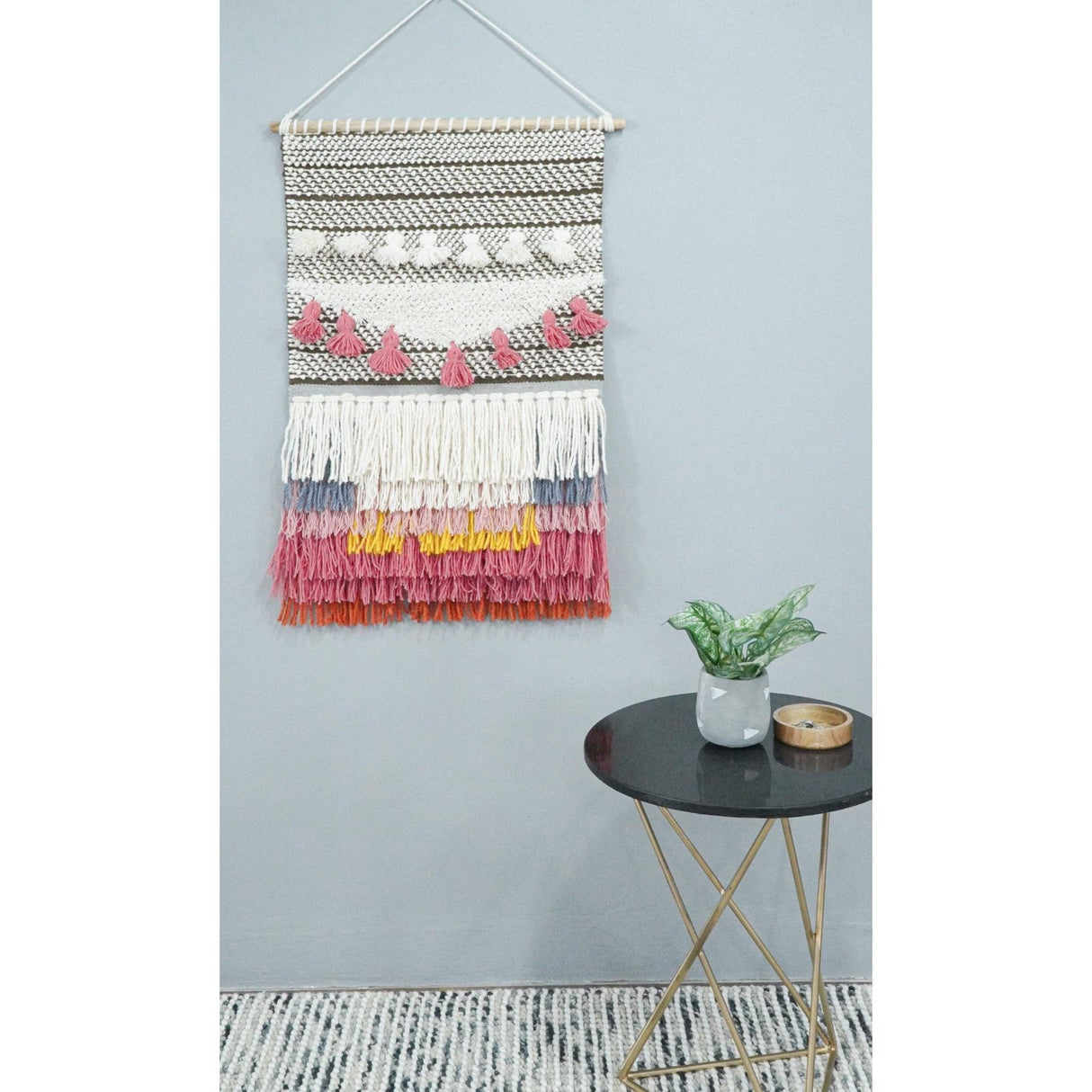 2x3 Wool Hand Woven Brown, White and Pink Boho Wall Hanging-Wall Hanging-Parc Decor