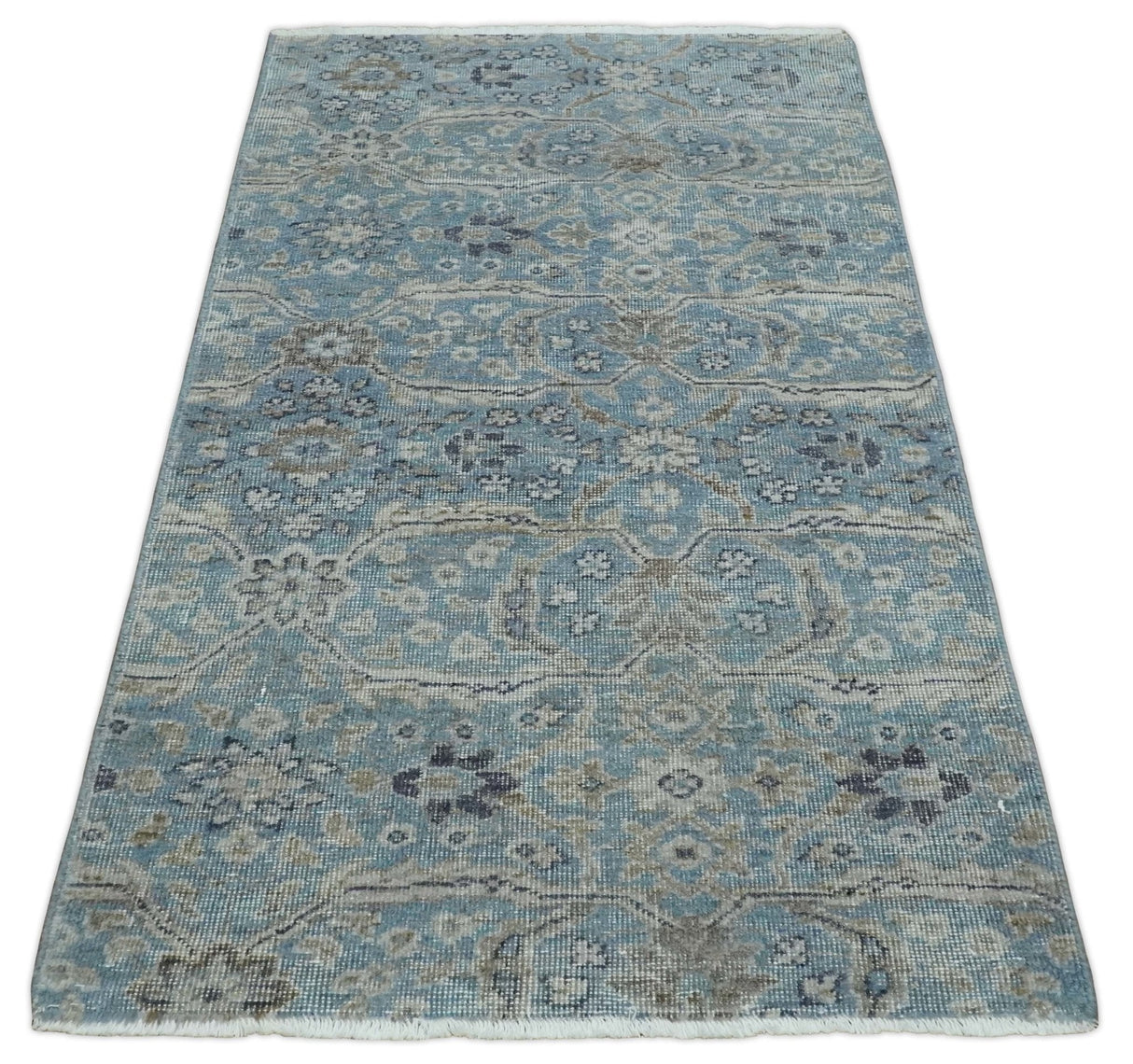 2x4 Aqua Blue and Beige Hand Knotted Traditional Vintage Wool Rug