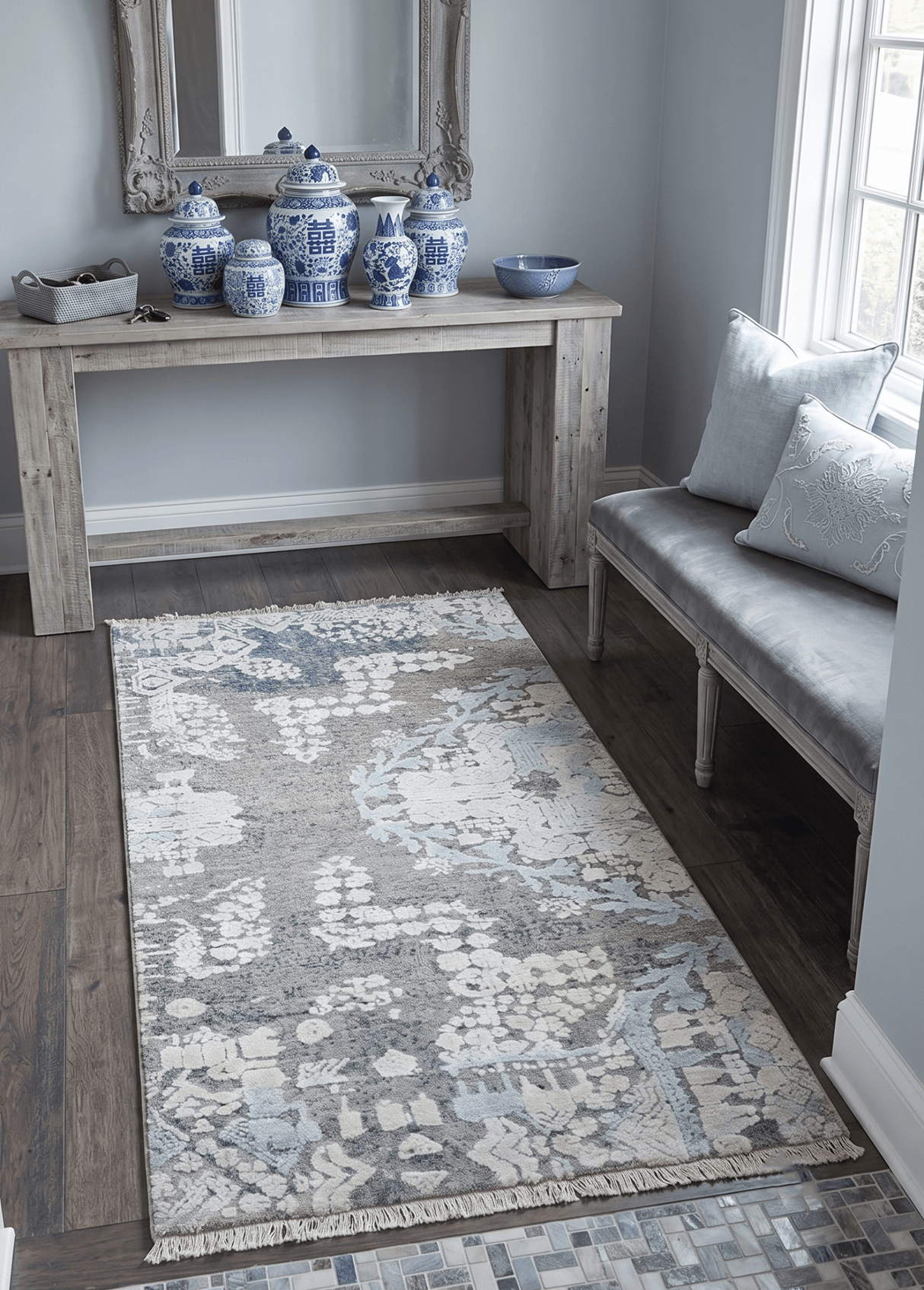 2x4 Beige and Blue Wool and Silk Hand Knotted traditional Vintage Antique Rug