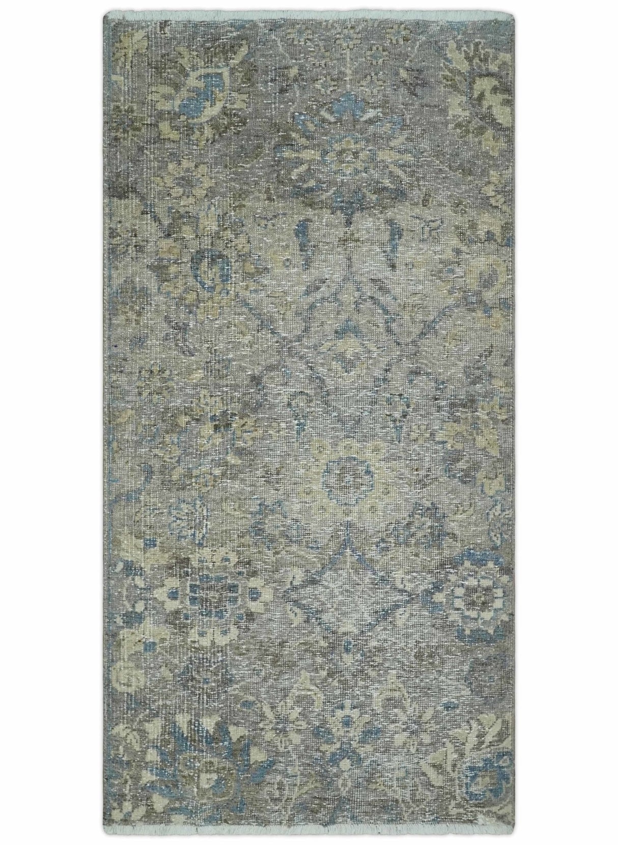 2x4 Gray, Beige and Blue Wool Hand Knotted traditional Vintage Antique Rug