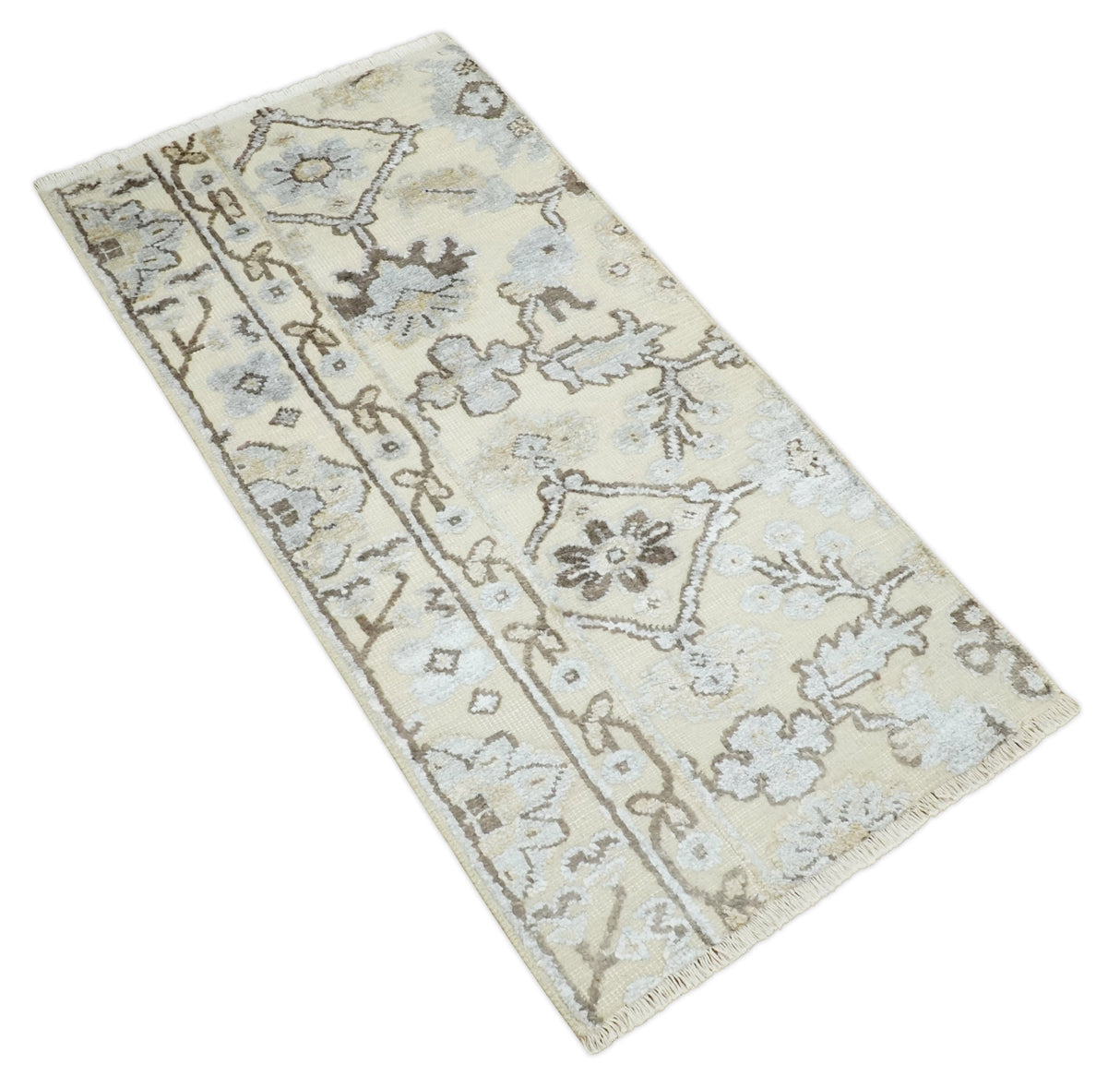 2x4 Hand Knotted Beige And silver Traditional Persian Oushak Wool Rug