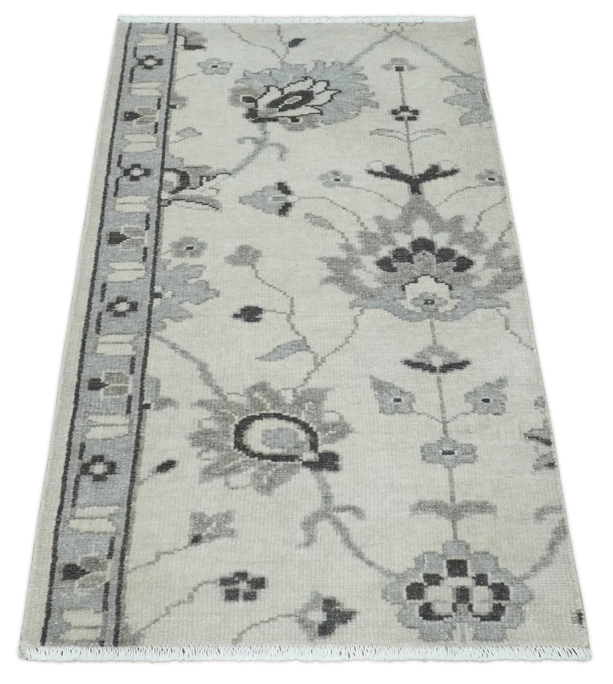2x4 Hand Knotted Ivory and Silver Traditional Persian Oushak Wool Rug