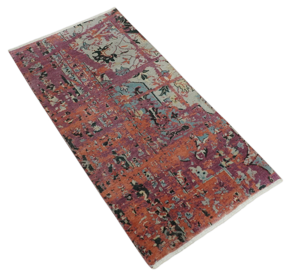 2x4 Hand Knotted Modern Abstract Rust And Purple Wool Rug