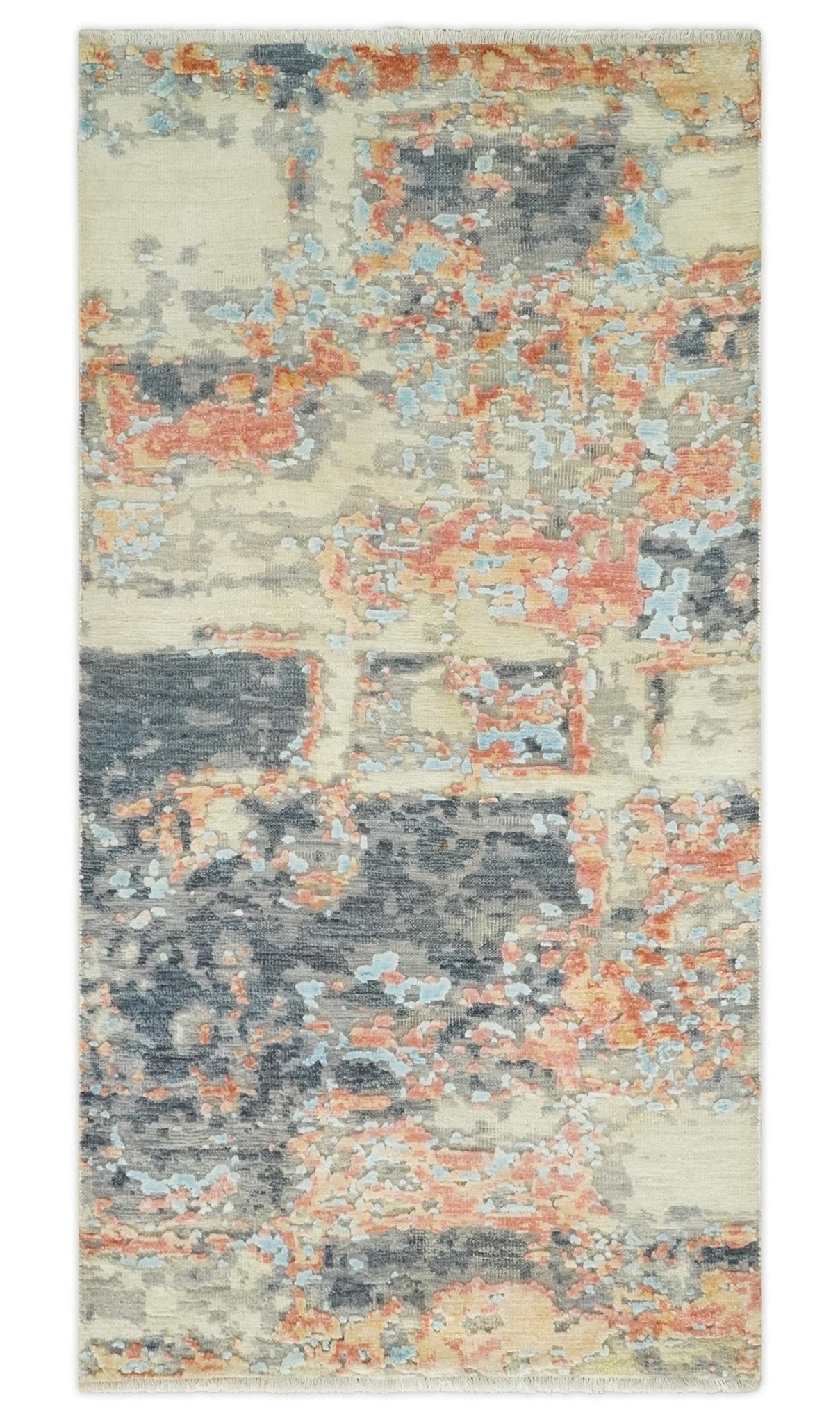 2x4 Modern Abstract Beige And Gray Hand Knotted Art Silk Rug
