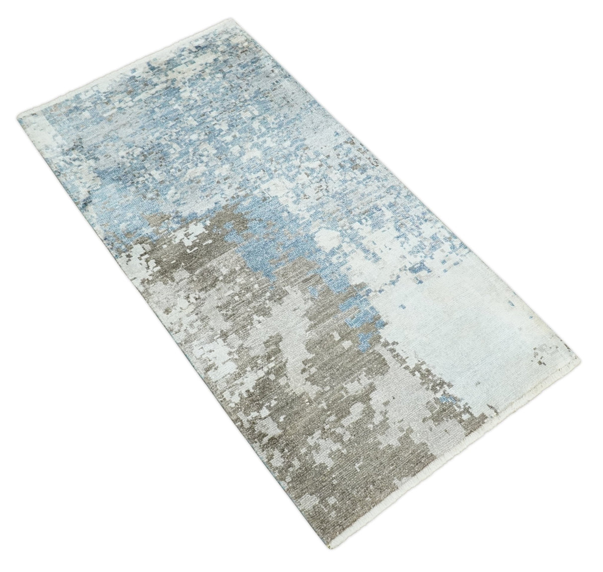 2x4 Modern Abstract Blue and Brown Hand Knotted Art Silk Rug