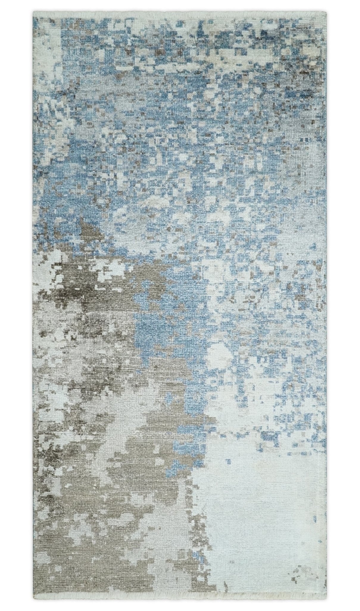2x4 Modern Abstract Blue, Silver and Charcoal Hand Knotted Art Silk Rug| N8324-Area Rug-Parc Decor