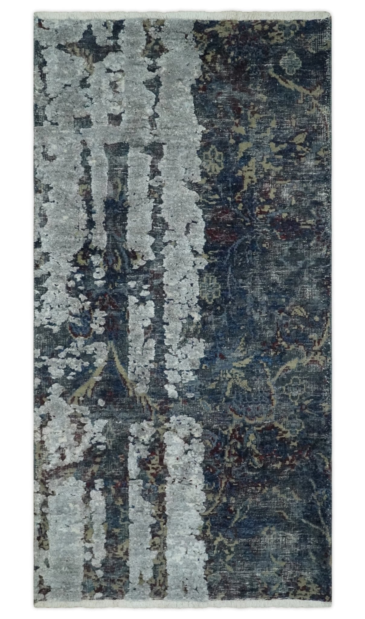 2x4 Modern Abstract Gray and Silver Hand Knotted Wool Rug