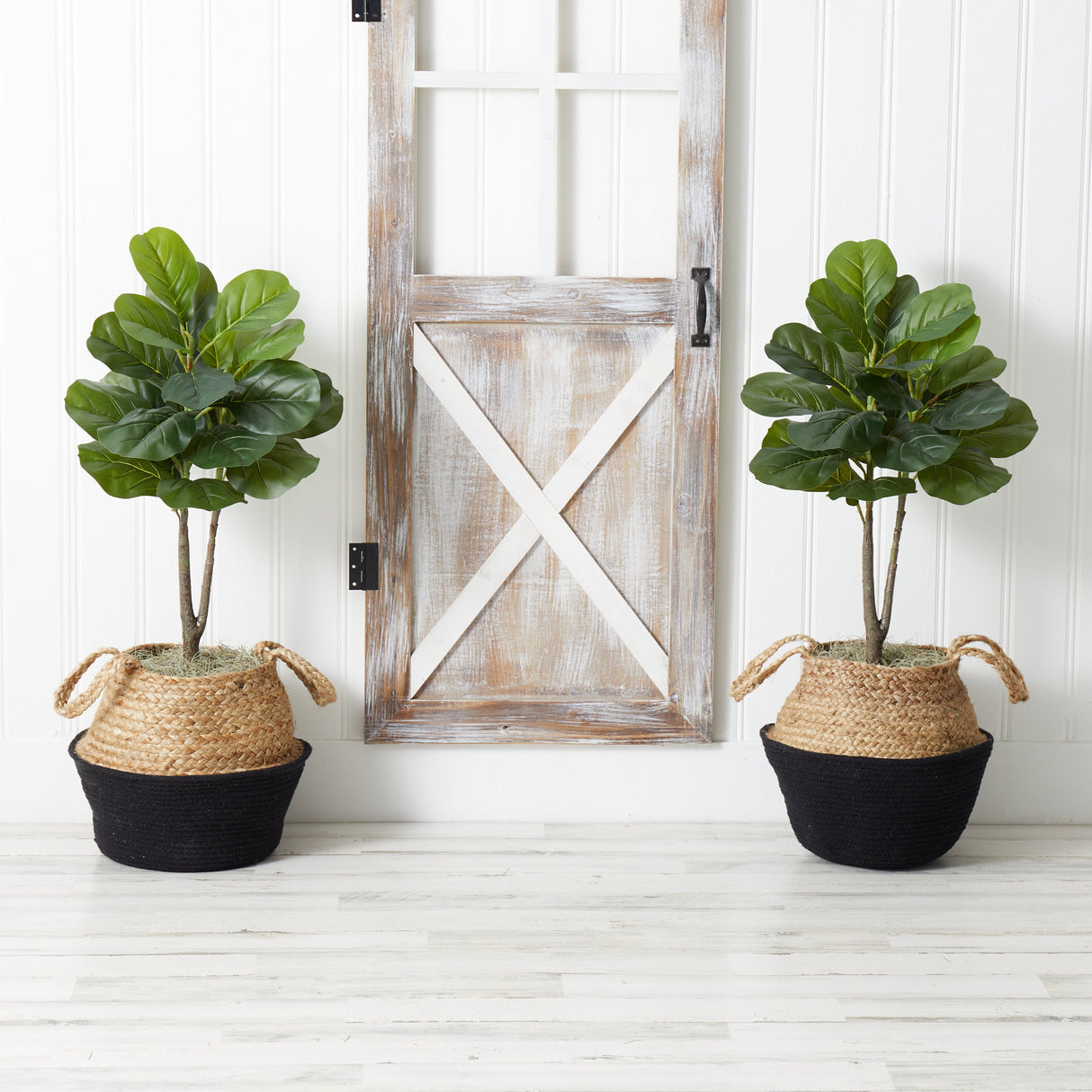 3’ Artificial Fiddle Leaf Fig Tree with Handmade Cotton & Jute Woven Planter DIY Kit - Set of 2-Parc Decor