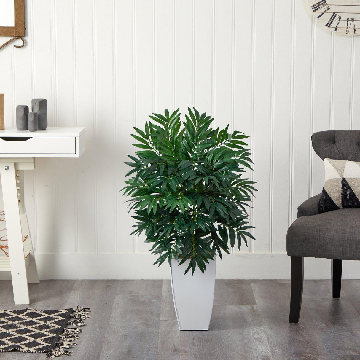 3’ Bamboo Palm Artificial Plant in White Metal Planter-Parc Decor