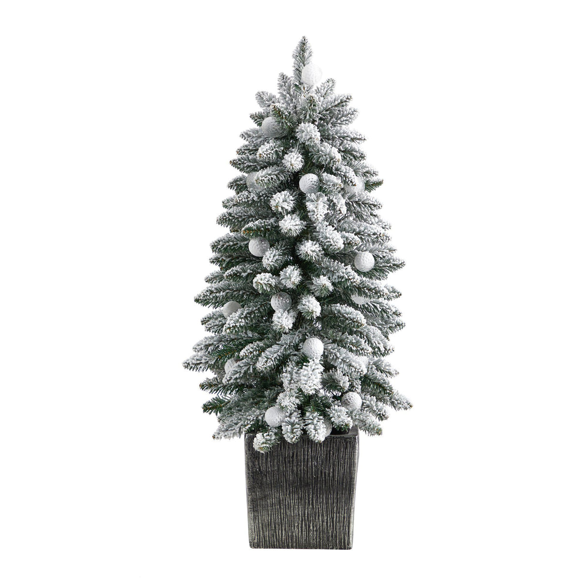3’ Flocked Highland Fir Tree with 127 Branches and 20 LED Globe Lights in Decorative Planter-Parc Decor