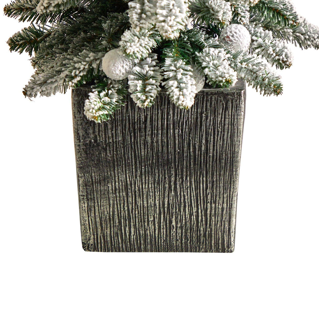 3’ Flocked Highland Fir Tree with 127 Branches and 20 LED Globe Lights in Decorative Planter-Parc Decor
