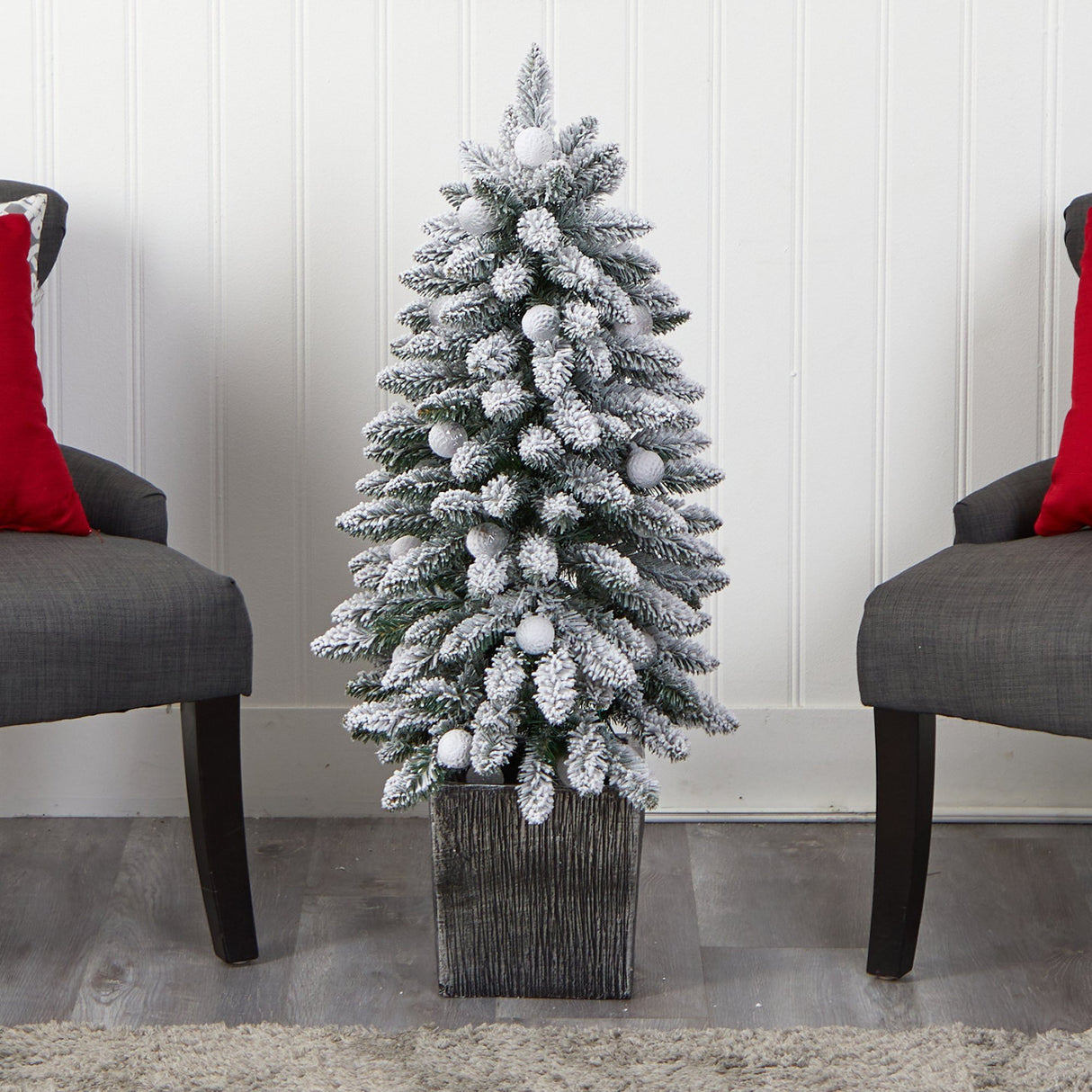 3’ Flocked Highland Fir Tree with 127 Branches and 20 LED Globe Lights in Decorative Planter-Parc Decor