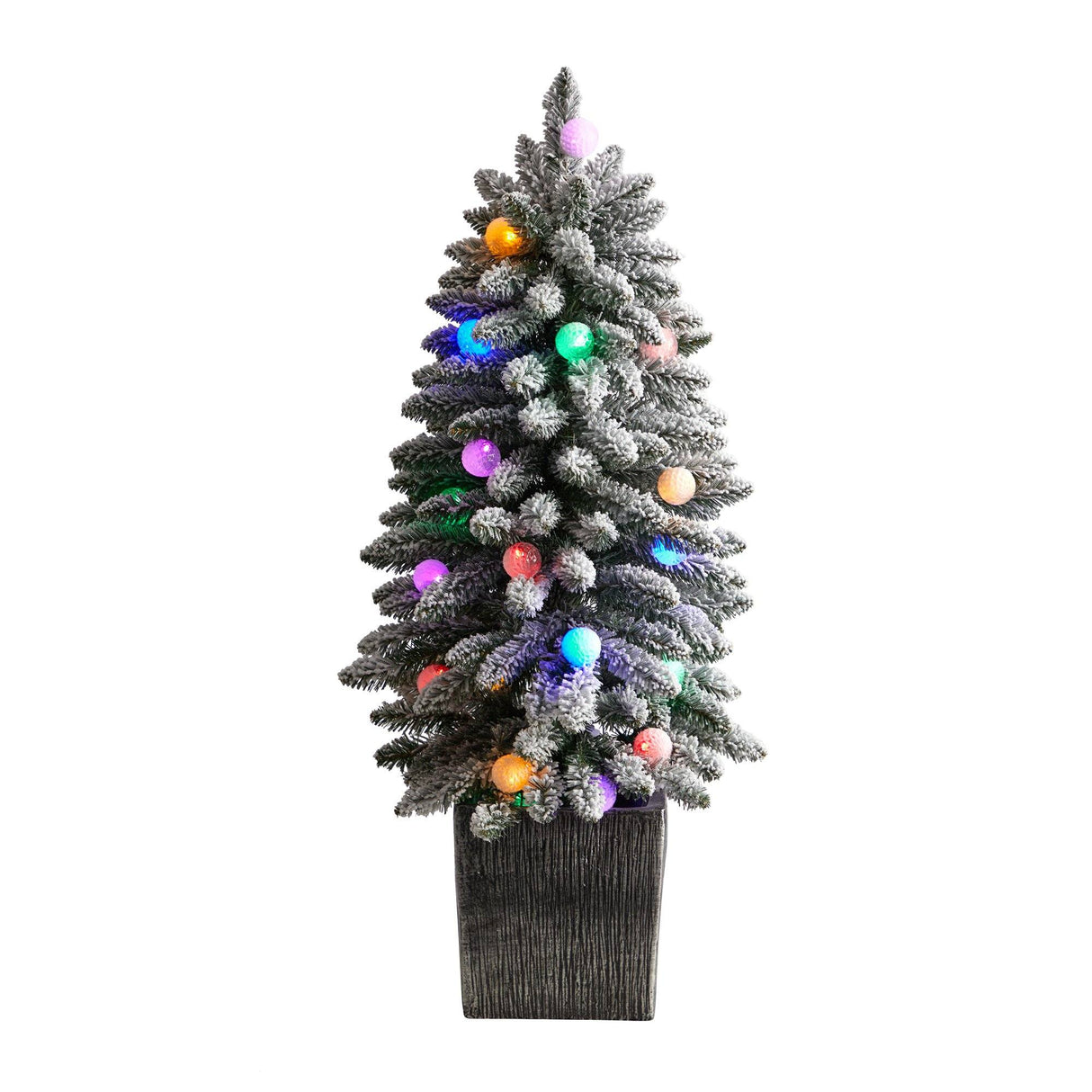 3’ Flocked Highland Fir Tree with 127 Branches and 20 LED Globe Lights in Decorative Planter-Parc Decor