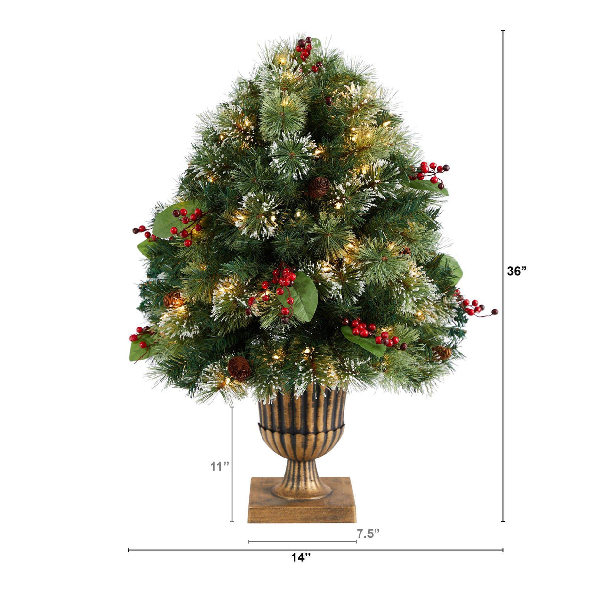 3' Holiday Pre-Lit Snow Tip Greenery, Berries and Pinecones Plant in Urn with 100 LED Lights-Parc Decor