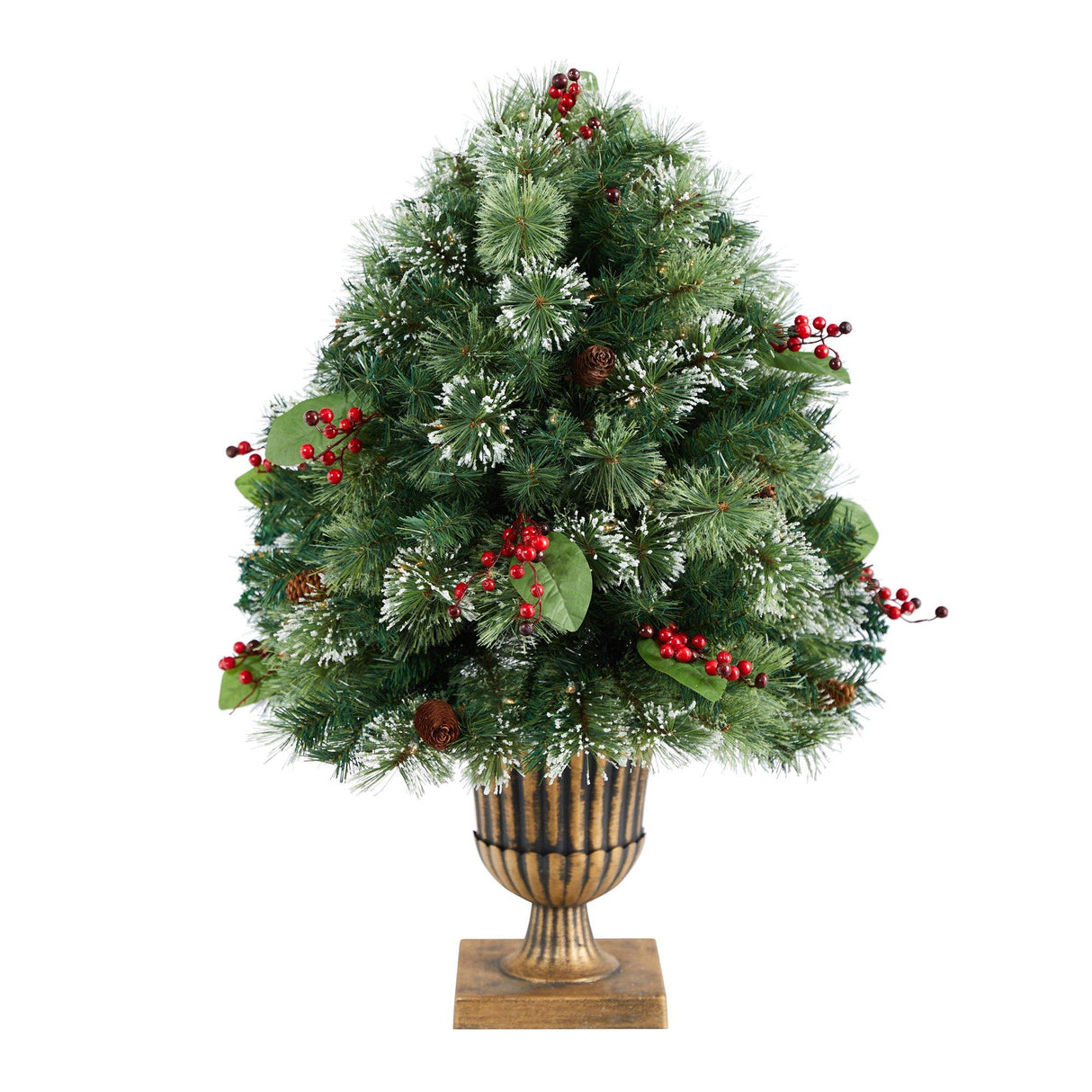 3' Holiday Pre-Lit Snow Tip Greenery, Berries and Pinecones Plant in Urn with 100 LED Lights-Parc Decor