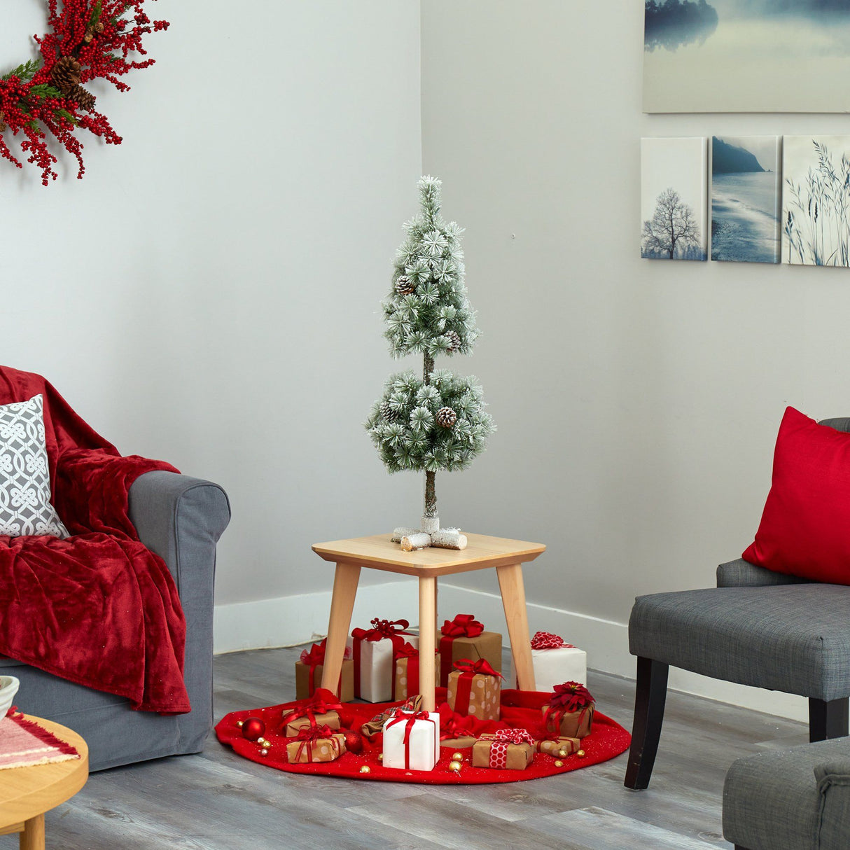 3’ Flocked Artificial Christmas Tree Topiary with 50 Warm White LED Lights and Pine Cones-Christmas Tree-Parc Decor