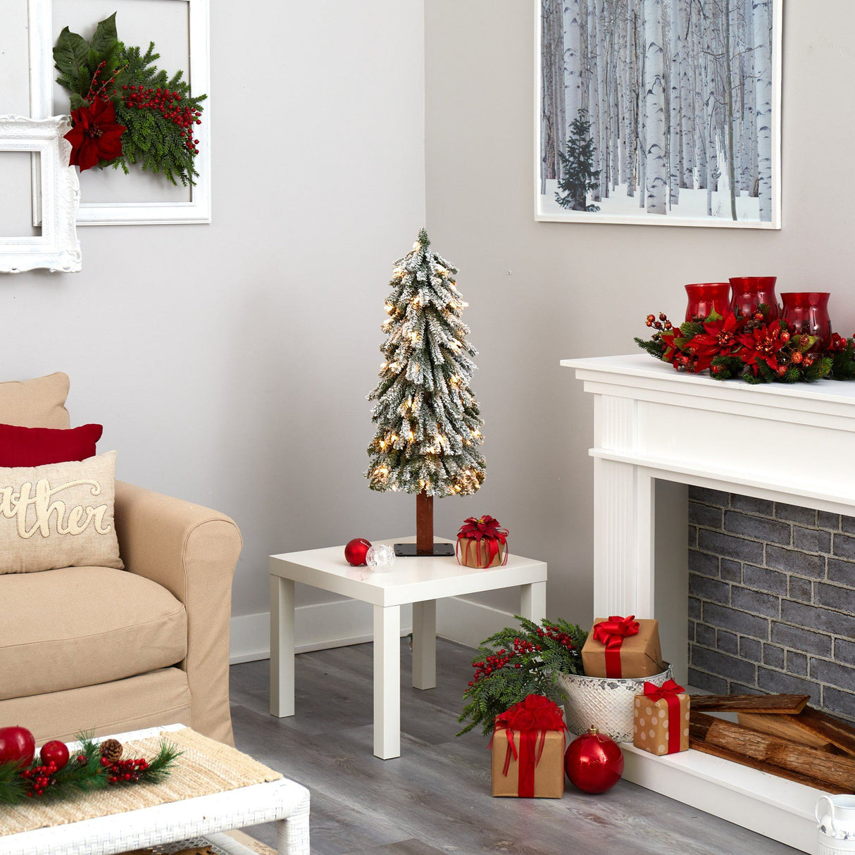 3’ Flocked Grand Alpine Artificial Christmas Tree with 50 Lights and 193 Branches on Natural Trunk-Christmas Tree-Parc Decor