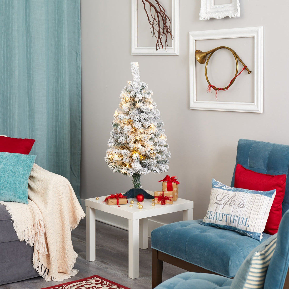 3' Flocked Rock Springs Spruce Artificial Christmas Tree with 50 Clear LED Lights-Christmas Tree-Parc Decor